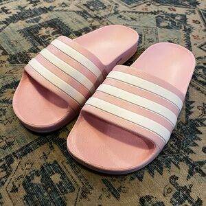Adidas Women's Pink and White Slide Sandals